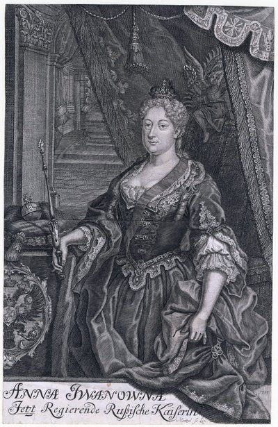 Anna Ivanovna foi Imperatriz da Rússia de 30 de Janeiro de 1730 a 29 de Outubro de 1740. - Retrato da Imperatriz Anna Ioannovna (1693-1740) - Mentzel (Menzel), Johann Georg (1677-1743) - 1733 - Gravura em cobre - 32,3x20,6 - Coleção Particular de Johann Georg Menzel