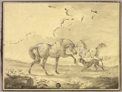 Dois cavalos a lutar com um cão de Johann Georg Pforr