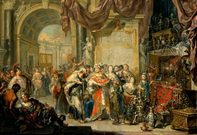"Cresus (596-546 avant JC) montre ses tresors a Solon (640-558 av. JC)" - Croesus and Solon - Óleo sobre cobre por Johann Georg Platzer (1704-1761) - State Art Gallery, Dresden de Johann Georg Platzer