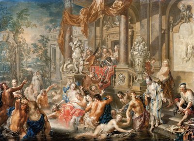 Cena da fonte na frente de um palácio, 1731-1734. de Johann Georg Platzer