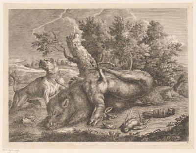 Cão de caça e bota de caça com javali, veado e aves
Caça no exterior (título da série) de Johann Georg Wachsschlunger