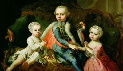 Três crianças sentadas em um sofá, dizem ser membros da família Esterhazy, 1771 (óleo sobre tela sem forro) de Johann Georg Weikert