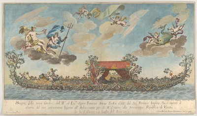 A terceira gôndola altamente ornamentada de Francesco Antonio Berka entrando em Veneza, Gods on cl..., 1700. de Johann Georg Wolfgang
