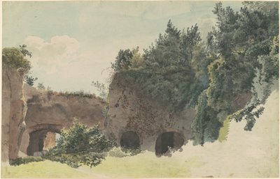 Ruínas romanas antigas cobertas de árvores e arbustos de Johann Gottfried Klinsky