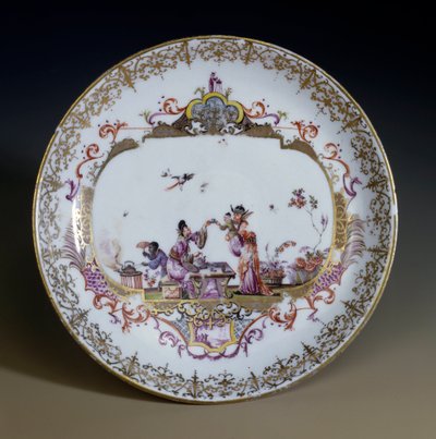 Arte alemã: Porcelana Meissen. Chinoiserie representando personagens asiáticos que bebem o chá. Pires decorados por Johann Gregor Hoeroldt (ou Herold 1696-1775), por volta de 1730. Paris, Artes Decorativas de Johann Gregor Herold
