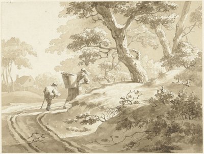 Paisagem com uma mulher e um menino em uma estrada rural de Johann Heinrich Keller (II) (possibly)