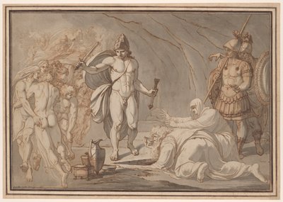Odisseu, às portas do Hades, encontra as sombras de Tirésias e Antígua de Johann Heinrich Lips