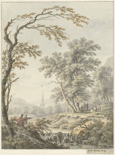 Paisagem com cascata e uma igreja à distância de Johann Heinrich Muntz