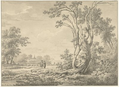Paisagem do sul com castelo, gado e caminhantes de Johann Heinrich Muntz
