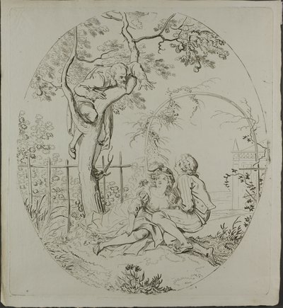 Homem barbudo a espiar os amantes debaixo de um caramanchão de Johann Heinrich Ramberg