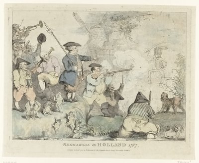 O Ensaio
Ensaio na Holanda 1787 (título sobre o objecto)
Quatro desenhos animados ingleses sobre os Patriots em 1787 (título da série) de Johann Heinrich Ramberg