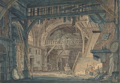 Desenho do cenário de uma Ruína Romana Antiga sendo Convertida em um Celeiro, no final do século 18-médio-19. de Johann Heinrich Ramberg
