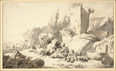 Um tropeiro com sua família e gado ao lado de ruínas clássicas de Johann Heinrich Roos