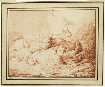 Gado e ovelhas com pastor na paisagem rochosa de Johann Heinrich Roos