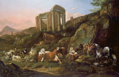 Animais de fazenda em uma paisagem clássica, 1684 de Johann Heinrich Roos
