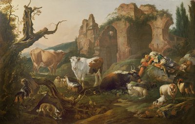 Animais de fazenda em uma paisagem, 1685 de Johann Heinrich Roos