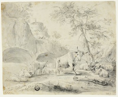 Paisagem com pastor e ovelhas, cabras, gado de Johann Heinrich Roos