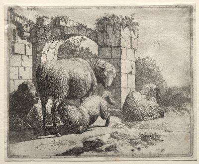 Ovelhas perto das ruínas de um arco de Johann Heinrich Roos