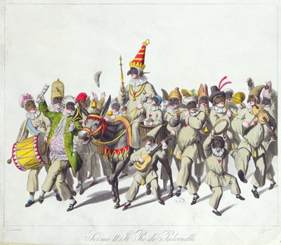 Procissão do Rei Punch durante o Carnaval Romano, início do século XIX (gravura a cores) de Johann Heinrich Stuermer