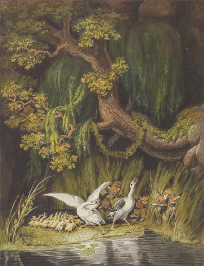 Um ganso e um ganso com o buzinadinho em alarme como duas raposas..., em meados de 18 cêntimos e 19 cêntimos. de Johann Heinrich Wilhelm Tischbein