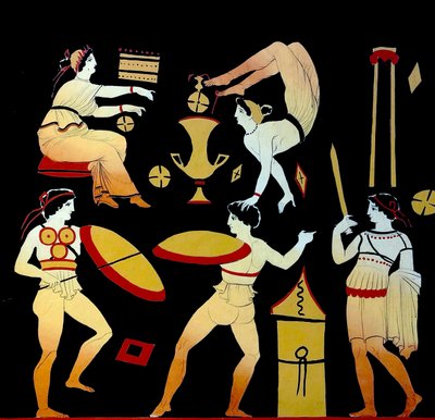 Acrobatas e três homens realizando a dança de guerra Pyrrhichios ou Pyrrhike c.1796 (Gravura em Placa de Cobre) de Johann Heinrich Wilhelm Tischbein