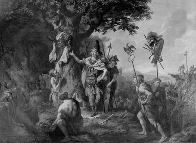 Hermann comemorando a vitória após a batalha na floresta de Teutoburg de Johann Heinrich Wilhelm Tischbein