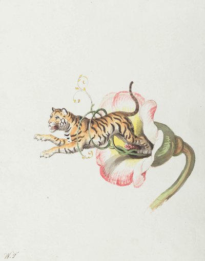 Tigre pulando de uma coroa de flores. Alegoria em sementes de flores, 1817. de Johann Heinrich Wilhelm Tischbein