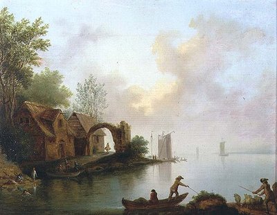 Paisagem arborizada do rio com barqueiros de Johann Heinrich Wust