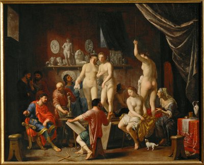 Estúdio de um artista com cinco modelos femininas (pintura sobre tela) de Johann Heiss