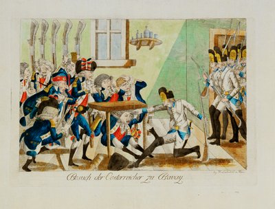 Soldados austríacos surpreendem um destacamento francês nos seus aposentos em Bavai ... (gravura) de Johann Hieronymus Loeschenkohl