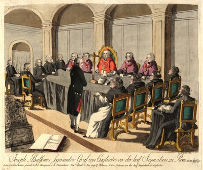 Joseph Balsamo, conde de Cagliostro, perante a Inquisição em Roma em 14 de abril de 1791, 1791. de Johann Hieronymus Loeschenkohl