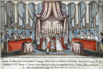 Marie-Louise casou com Napoleão por procuração em Viena, com o Arquiduque Charles em representação de Napoleão - Loeschenkohl, Johann Hieronymus (1753-1807) - 1810 - Gravura, aguarela - 33,4x44,5 - Coleção Privada de Johann Hieronymus Loeschenkohl