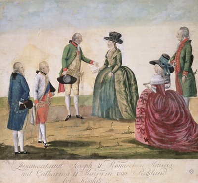 Encontro entre José II da Alemanha (1741-1790) e a Imperatriz Catarina, a Grande (1729-1896) em Koidak, 18 de maio de 1787 (gravura em chapa de cobre colorida) de Johann Hieronymus Loeschenkohl