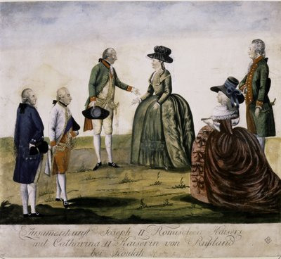 Encontro de Catarina II e José II no rio Dnieper, em Ma... (gravura a cores) de Johann Hieronymus Loeschenkohl