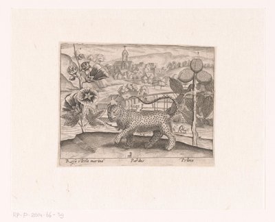 Série de gravuras com flores e animais em uma paisagem Paisagem com malva, leopardo e árvore de ameixa Paisagens com animais, plantas e flores (título da série) de Johann Hogenberg