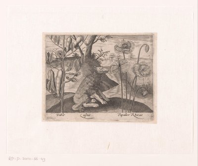 Série de gravuras com flores e animais em uma paisagem Paisagem com lobo e plantas Paisagens com animais, plantas e flores (título da série) de Johann Hogenberg