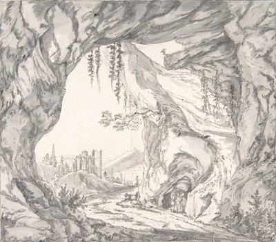 Paisagem montanhosa com ruínas de um castelo e três homens numa gruta..., finais do século XVIII-início do século XIX. de Johann Huber