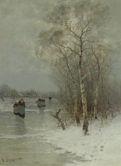 Meninas andando em um rio congelado de Johann II Jungblut