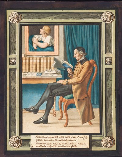 Retrato de Johann Caspar Lavater (1741-1801), de perfil à esquerda, sentado e lendo um livro (aquarela sobre gravura) de Johann Jacob Lips