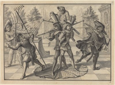 Arlequim e Scaramouche criam uma "fonte" de Johann Jacob Schubler