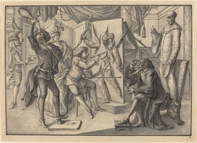 Mezzetin "pinta" um retrato de Cupido cortando a tela para revelar o Arlequim de Johann Jacob Schubler
