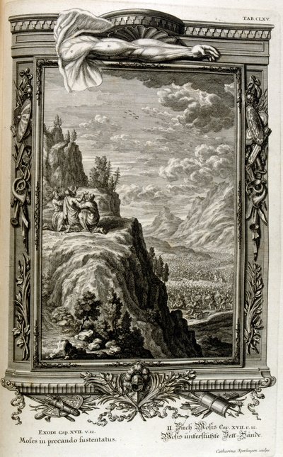 Arão e Hur apoiam a mão de Moisés no Sinai, quando os israelitas fugiram para o Sinai, Êxodo do Egipto de Johann Jakob Scheuchzer