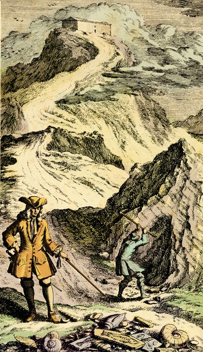 Paleontologia: O naturalista suíço Johann Jakob Scheuchzer (1672-1733) descobriu nas montanhas suíças os vestígios do Dilúvio Universal graças aos fósseis. Gravura do "Museu Diluvianum". de Johann Jakob Scheuchzer