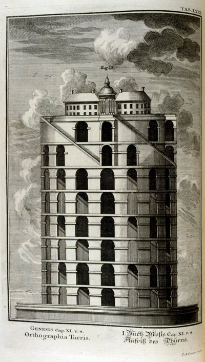 Plano da Torre de Babel visto de lado de Johann Jakob Scheuchzer