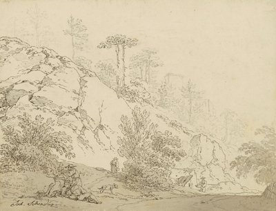 Agricultores descansando em terreno rochoso, castelo de fundo de Johann Josef Schindler
