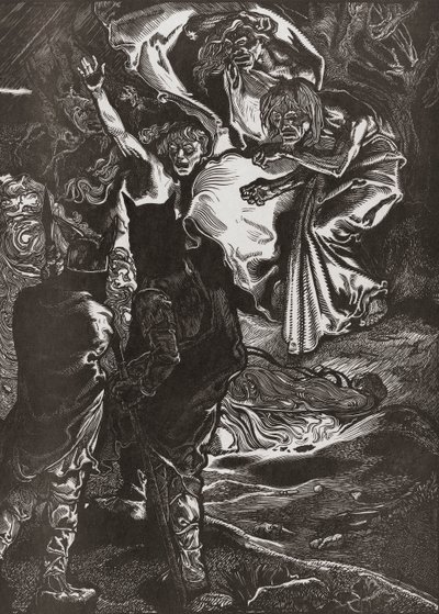 Macbeth e Banquo conhecem as três bruxas, século XX (gravura) de Johann Joseph Aarts