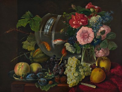 Natureza morta com taça de peixe dourado (óleo sobre madeira) de Johann Knapp