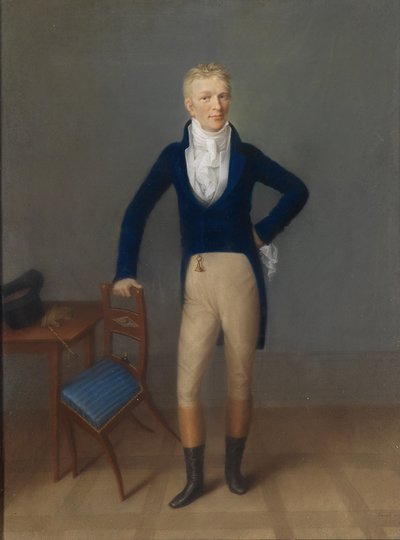 Retrato de corpo inteiro de um cavalheiro louro em traje de equitação, encostado nas costas de uma cadeira de Johann Lorenz Kreul