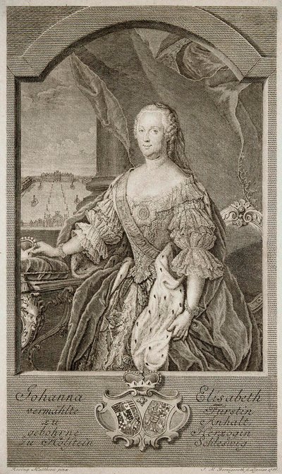 Retrato de Johanna-Elizabeth, Electress of Anhalt-Zerbst 1712-1760, Mãe de Catarina II, 1756. de Johann Martin Bernigeroth