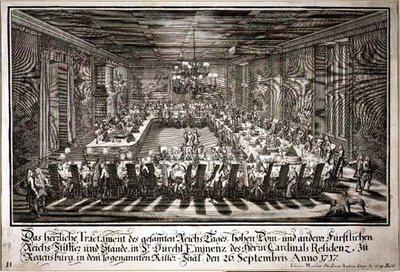 Banquete na Sala do Rei, no Palácio do Cardeal de Regensburg, 26 de Setembro de 1717 (gravura) de Johann Matthias and Geyer Andreas Steidlin